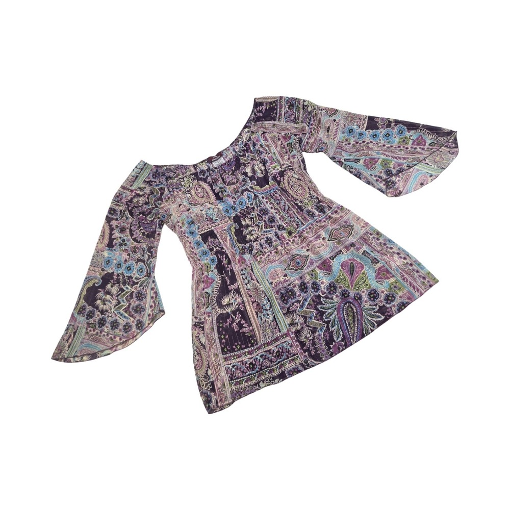 Jordache Purple Paisley Bell Sleeve Smocked Off Shoulder Top Sheer LG Fairy
